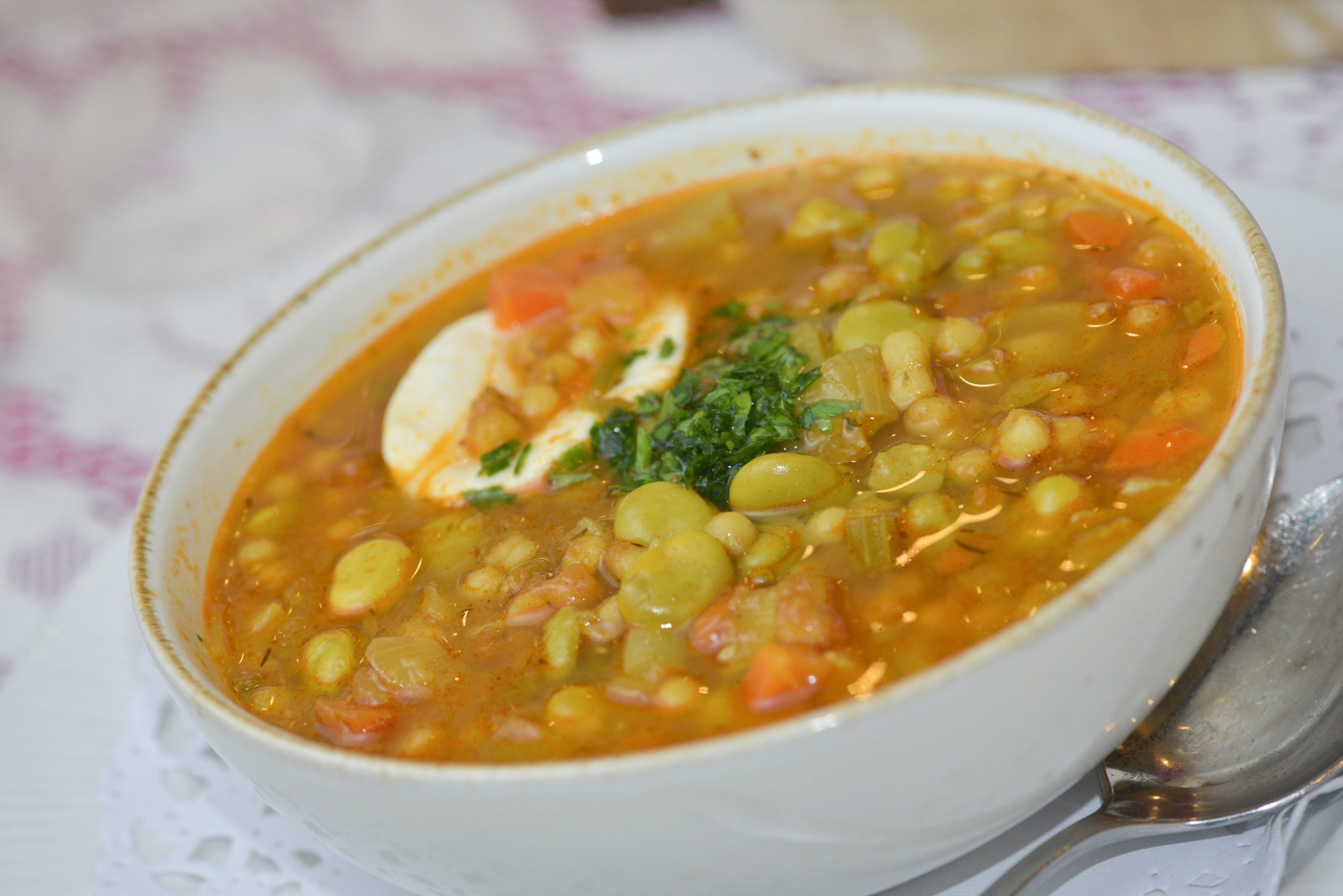 Kusksu bil-Ful Vegan (V) – Vegan bean and pasta soup – Ta Marija Restaurant